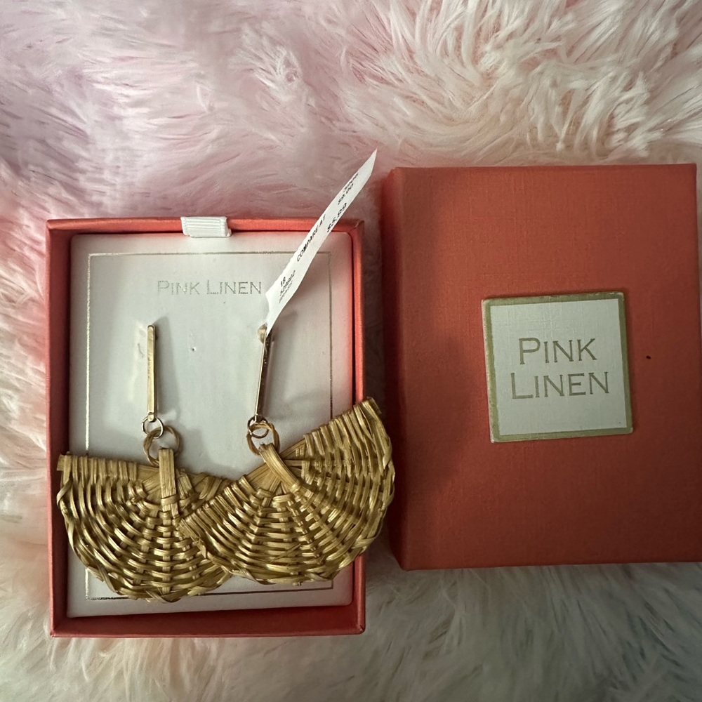 Pink Linen Gold Wicker Earrings